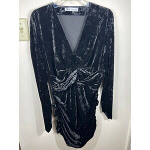 ZARA Black Velvet Mini Dress L Ruched Plunge Neck Whimisigoth Fairy Grunge Party